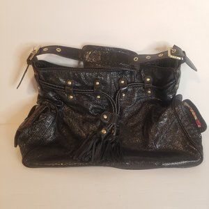 Kate Landry Large Black Shiny Shoulder Bag Fringe Rope Accents